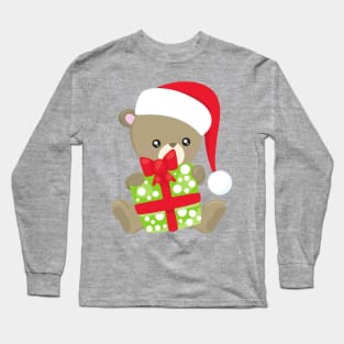 Christmas Bear, Cute Bear, Santa Hat, Gifts, Xmas Long Sleeve T-Shirt